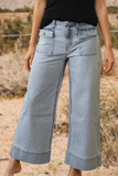 "Sarina" Fashion Stripe Button Flap Pocket Cuffed Hem Wide Leg Jeans