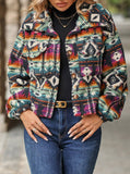 Buttoned Ethnic Print Long-Sleeved Cropped Jacket