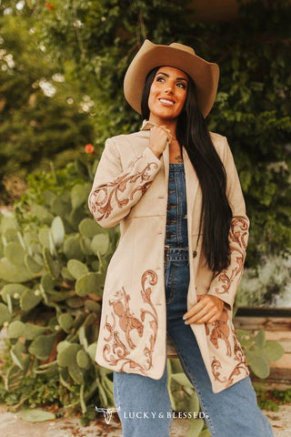 Khaki Bucking Horse Long Suede Blazer