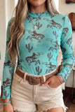 Western Print Mock Neck L/S  Top