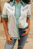 White/Blue Pearl Snap Button Up Shirt