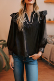 Stitched Detail V Neck Ruffle Long Sleeve Blouse