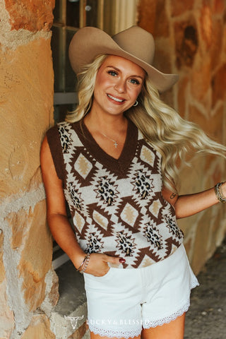 Cream Aztec Leopard Knit Vest