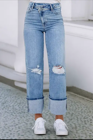 High Rise Asymmetric Button Zip Fly Ripped Jeans