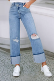 High Rise Asymmetric Button Zip Fly Ripped Jeans