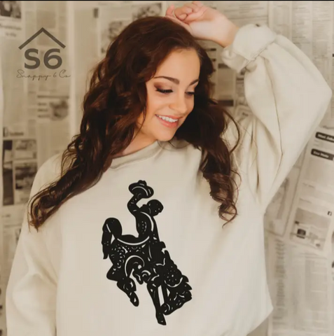 Desert Tan Crewneck Paisley Print Bucking Horse