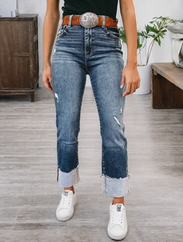 "Jaci" Turn-up Cuff Distressed Jean