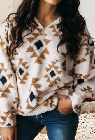 Aztec Print Sherpa Quarter Zip Sweatshirt