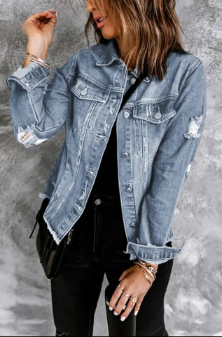 Denim Distressed Raw Hem Jacket