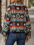 Buttoned Ethnic Print Long-Sleeved Cropped Jacket