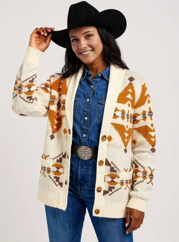 Vintage Western Aztec jacquard shawl-collar knit cardigan