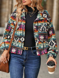 Buttoned Ethnic Print Long-Sleeved Cropped Jacket