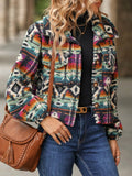 Buttoned Ethnic Print Long-Sleeved Cropped Jacket