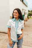 White/Blue Pearl Snap Button Up Shirt