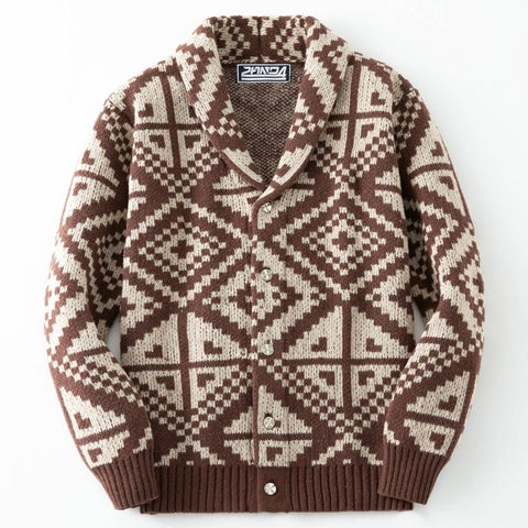 Cowichan-style Geometric Aztec jacquard knit sweater