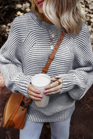 Striped Print Ribbed Knit Boat Neck Baggy Sweater