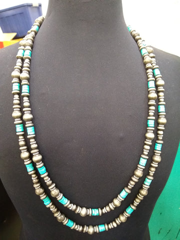 66" Faux Navajo Pearl & Turquoise Beaded Necklace