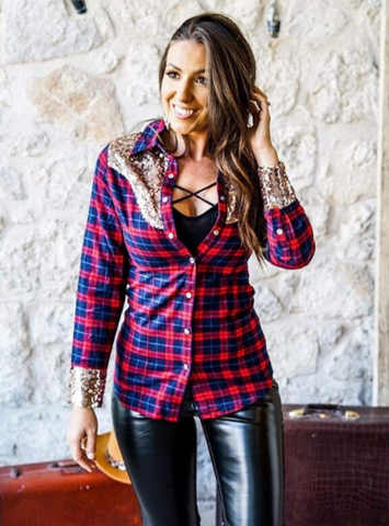 Red Plaid Button Up w/ Gold Sequin