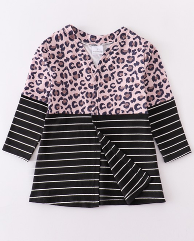 Girls Black Stripe and Leopard Cardigan